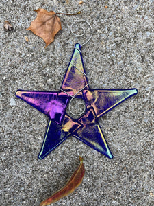 Irodized Blue Star fused glass Ornament. Stunning shimmering surface yet bold cobalt blue when light filters through 